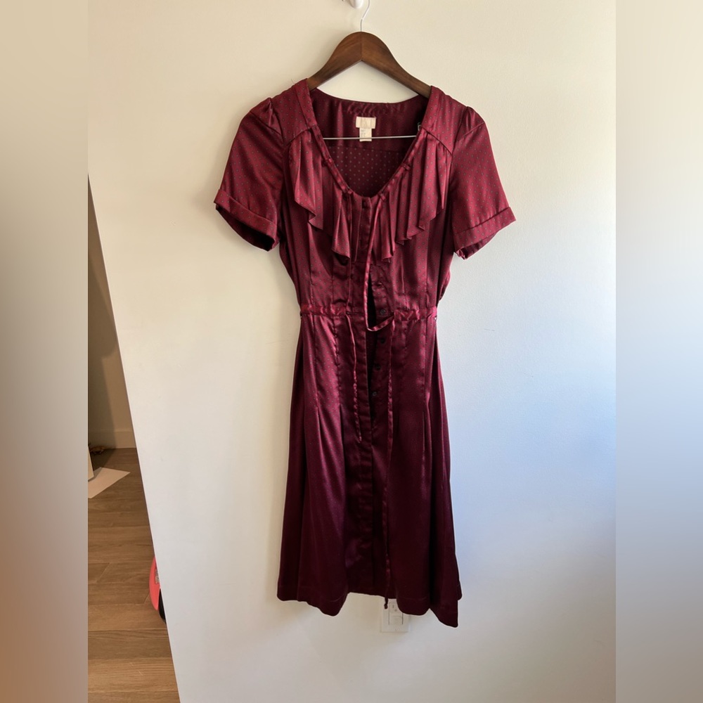 Elegant Wine Red Ruffled Midi Dress with Button Front - Size 8, H&M Milan